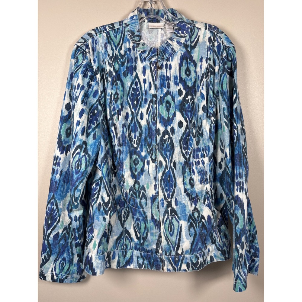 Chicos Blue Ikat Linen Blend Zip Front Jacket Mock Neck Size Large Coastal Boho
